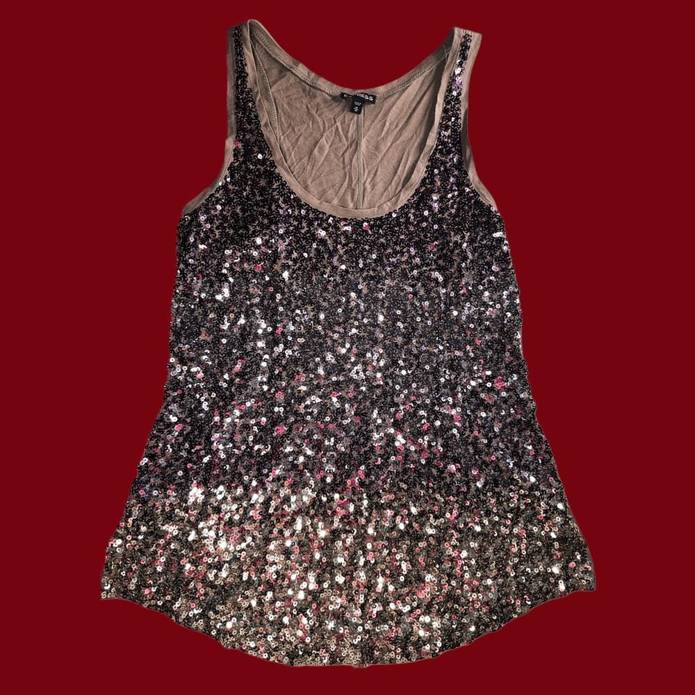 Express Women Lightweight Tank Top with Glitter Sequin Tan Brown Metallic Size M